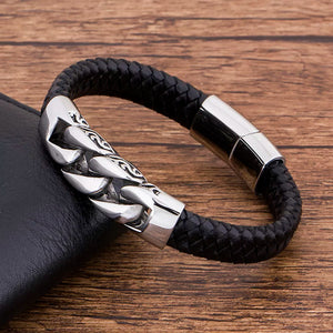 MGS Black Leather Men’s Bracelet with Stainless Steel Charm – Magnetic Clasp - Man Gifts Shop