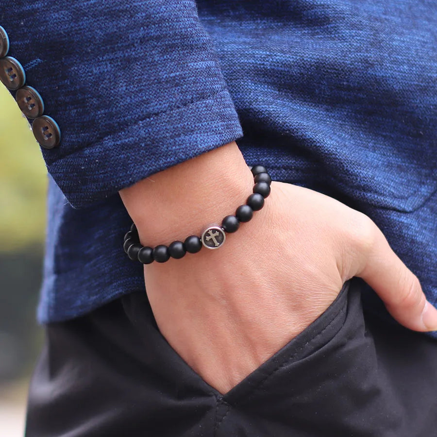 Men's Minimalist Cross Beaded Bracelet – Natural Stone & Stainless Steel