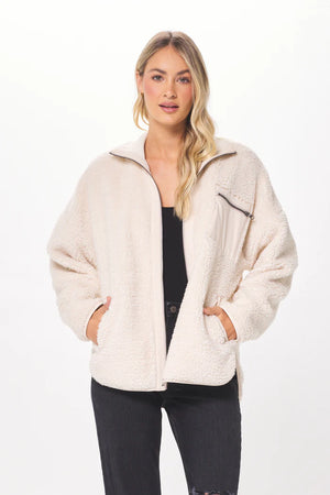 Shearling Zip Front Jacket with Faux Leather Combo | Ecru - Harriman Clothing Co. 