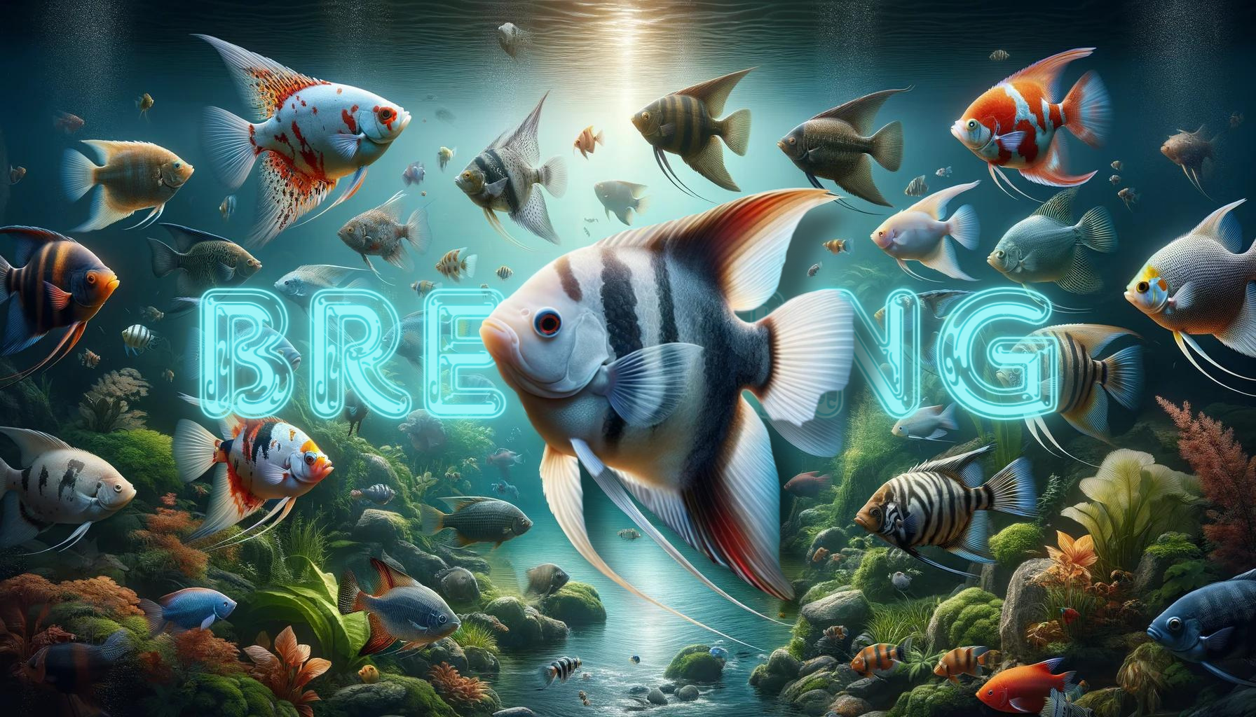 A vibrant depiction of koi angelfish swimming among a lush underwater scene, with the word "BREEDING" illuminated in a neon sign style, suggesting a focus on breeding angelfish.