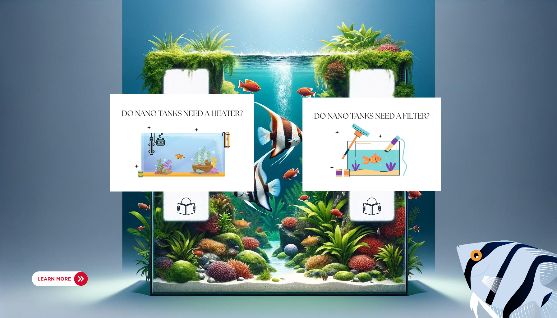 A creative visual of a nano fish tank divided into two sections with infographics, one asking if nano tanks need a heater and the other if they require a filter, both against a backdrop of a well-planted aquarium with angelfish, implying a guide on maintaining proper tank conditions for angelfish.