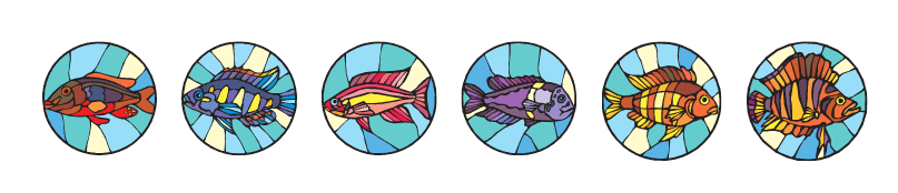 Stained glass style illustration of various fish in circular frames.