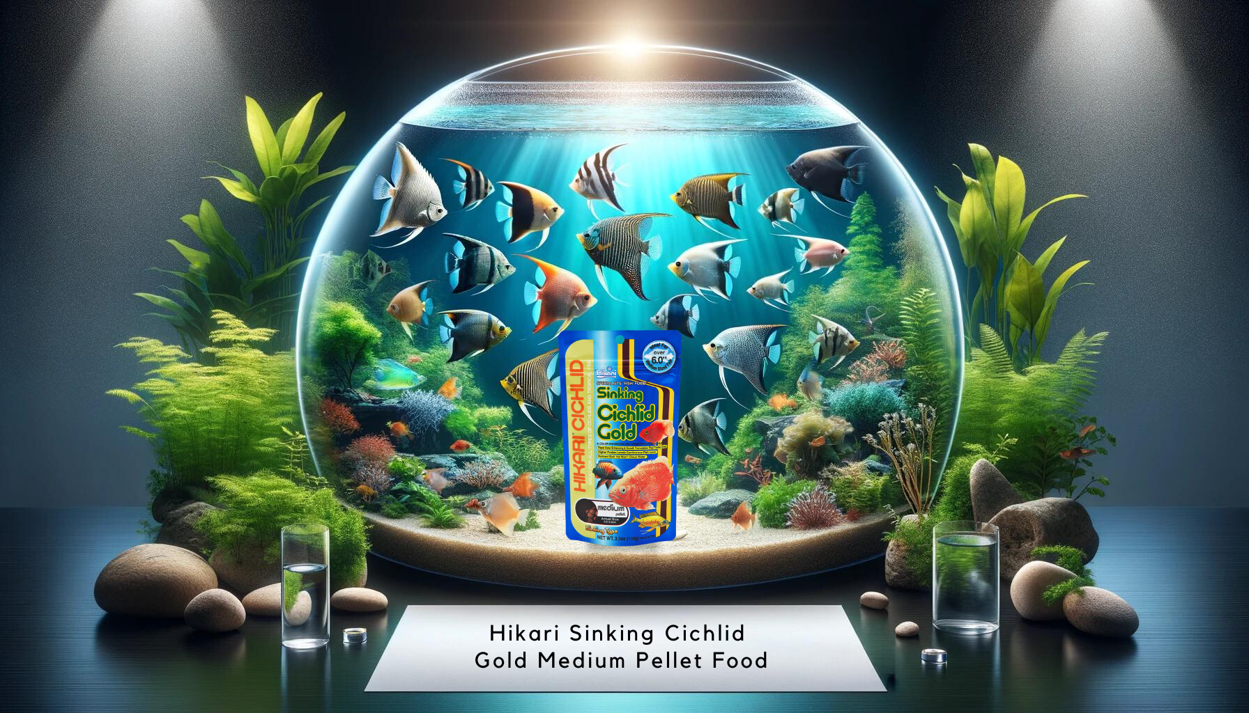 An image of a fish food product labeled "Hikari Sinking Cichlid Gold Medium Pellet Food" prominently displayed in front of an artistic representation of a spherical fish tank filled with a variety of colorful angelfish and lush aquatic plants, suggesting it's a suitable food for freshwater angelfish.