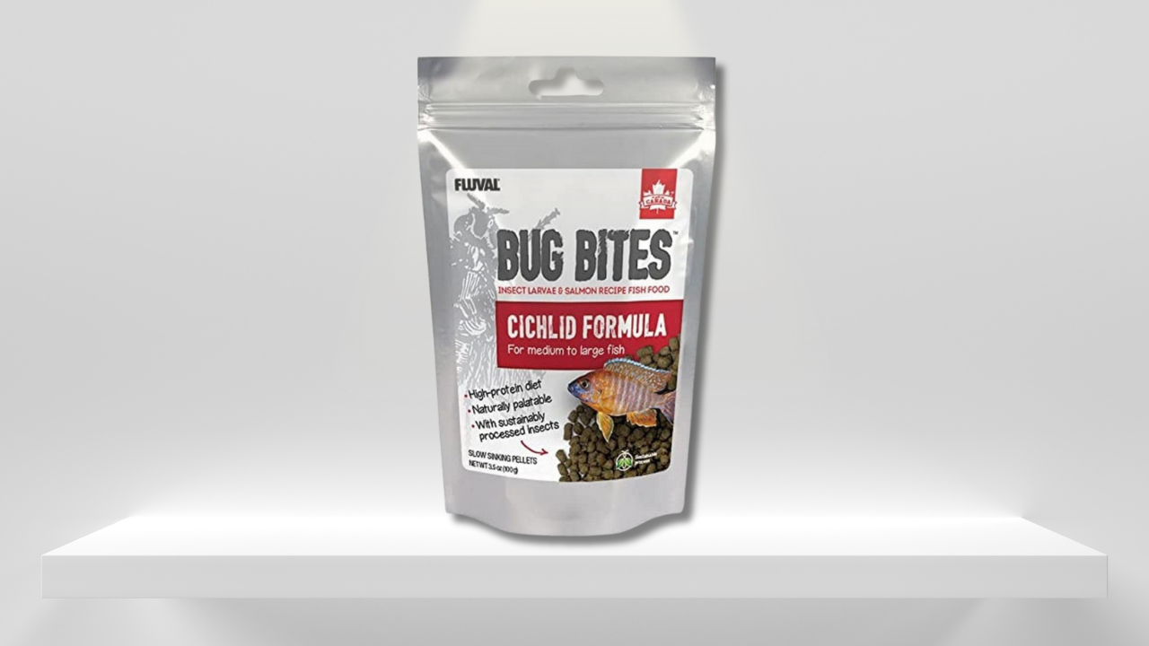Bag of Fluval Bug Bites cichlid formula fish food.
