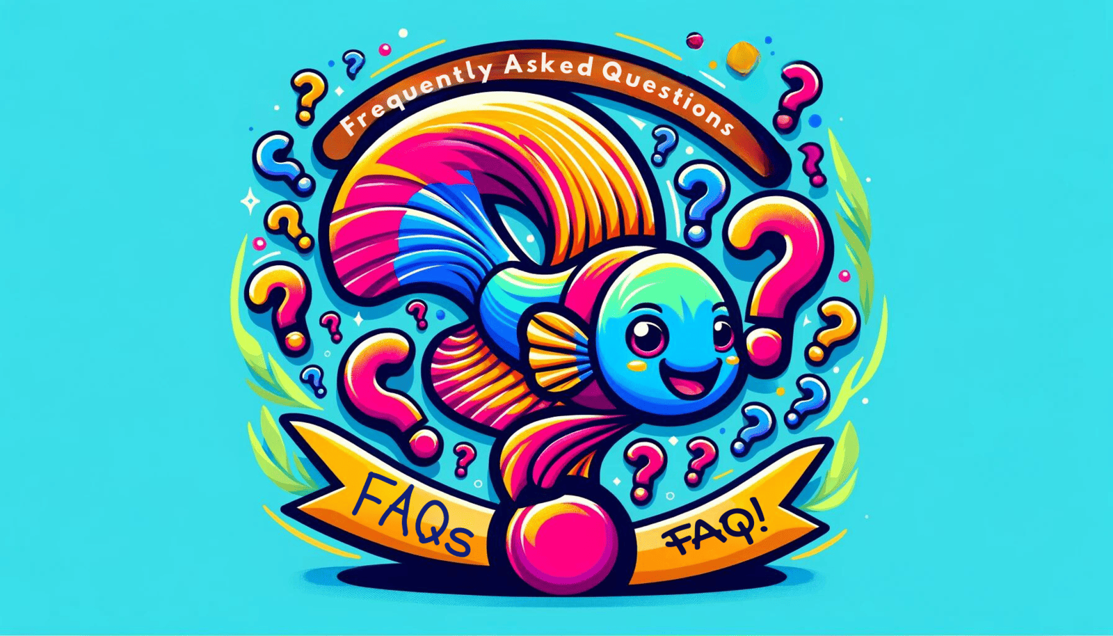 A bright and cheerful illustration designed for a frequently asked questions section, featuring a stylized, colorful Betta fish surrounded by question marks.