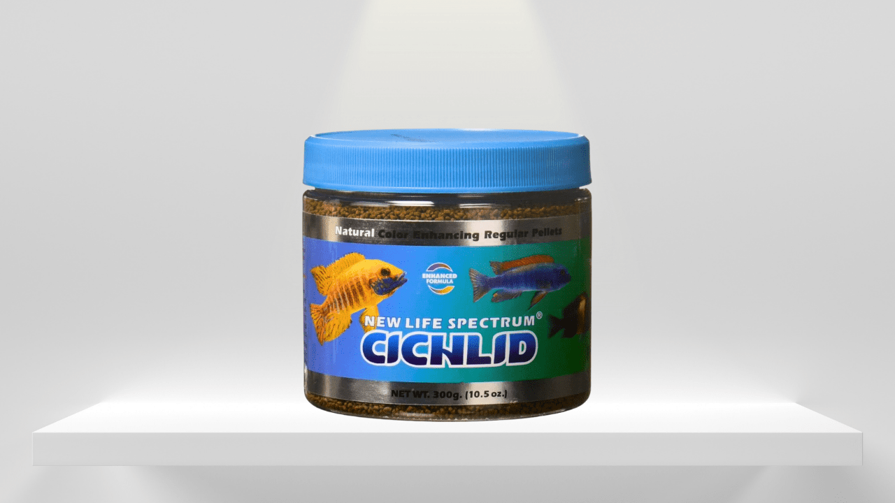 Jar of New Life Spectrum cichlid fish food.