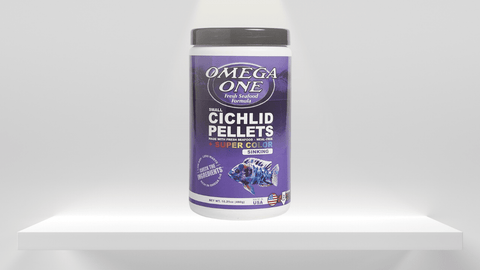 Container of Omega One Super Color cichlid pellets.