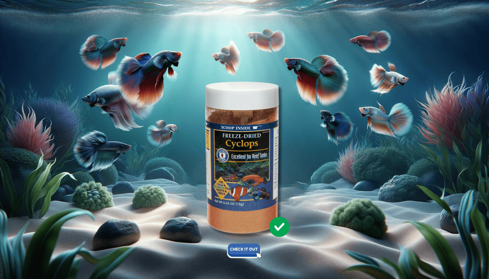 An advertisement for freeze-dried Cyclops, portraying colorful Betta fish swimming around the product, set in a serene underwater scene.