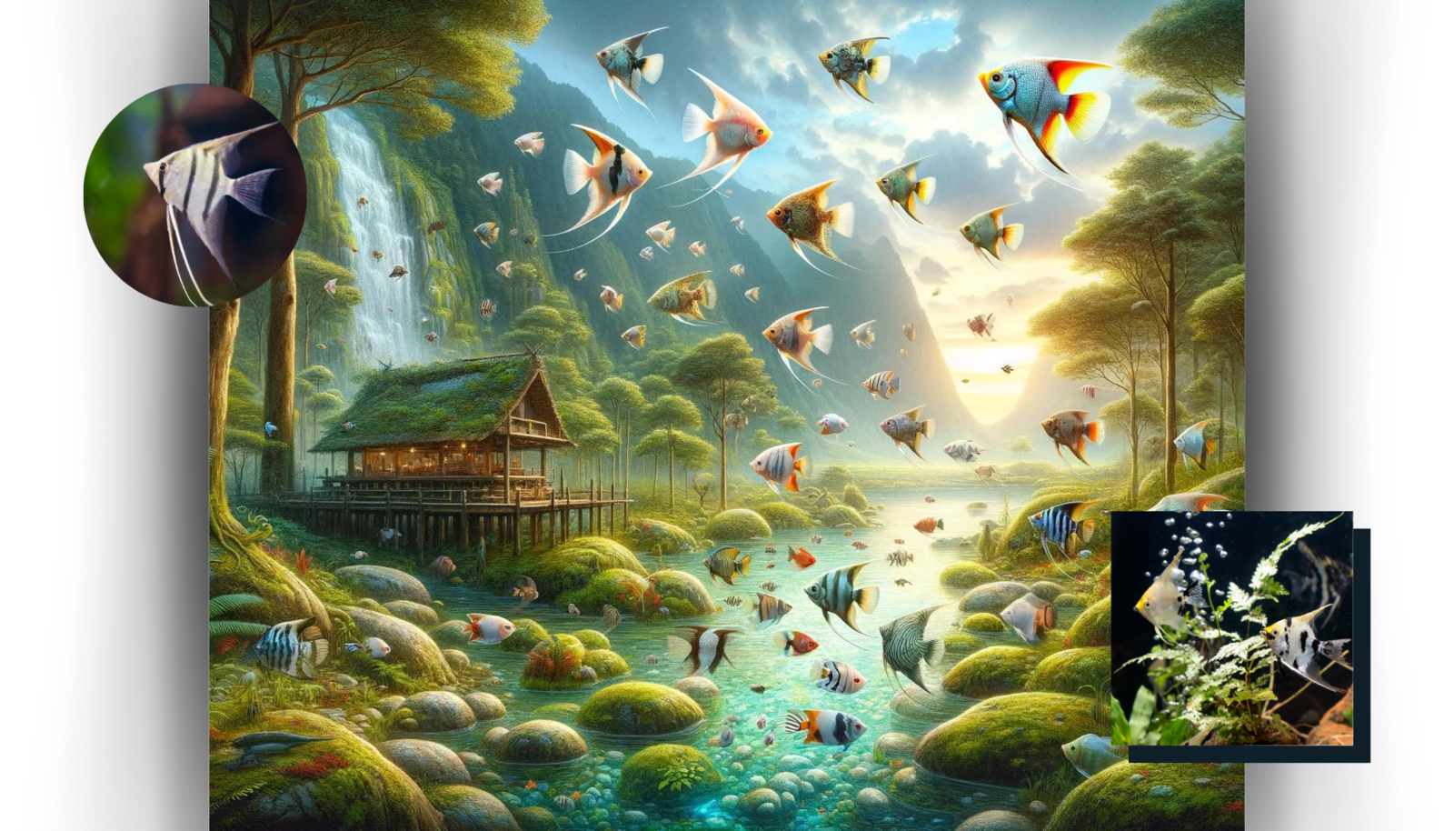 A fantasy landscape where angelfish are swimming through the air among waterfalls, rivers, and lush greenery, with a cabin in the background, alongside close-up images of individual angelfish, signifying their peaceful nature and suitability for community aquariums.