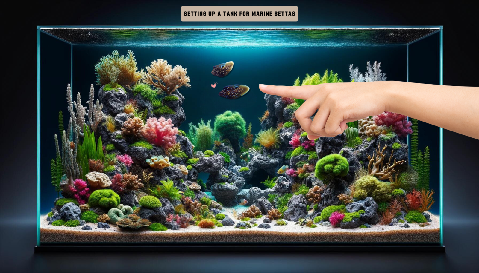 A creatively designed aquarium setup guide for marine Bettas, featuring a finger pointing to the fish and a lush, colorful arrangement of coral and marine plants.