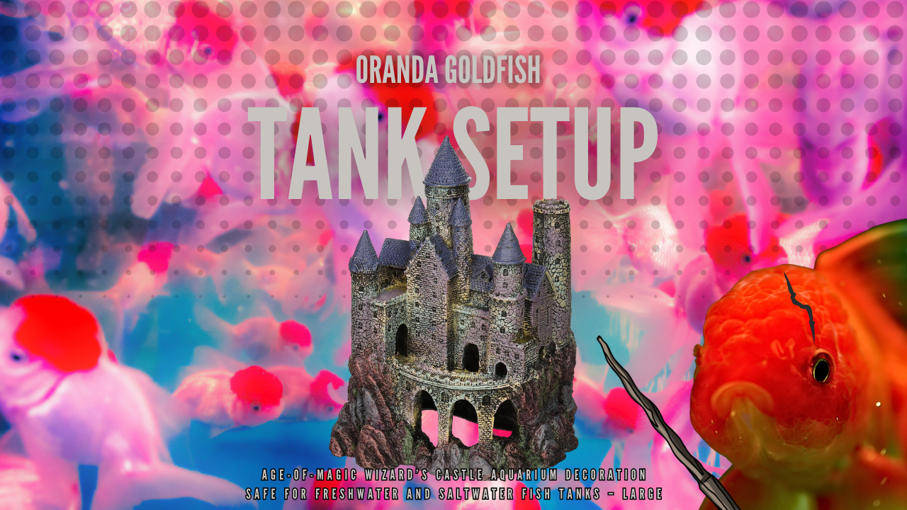 An enchanting visual from "The Definitive Oranda Goldfish Care Guide (2024)" depicting the tank setup for oranda goldfish, featuring a mystical castle decoration titled "Age-Of-Magic Wizard's Castle", indicating it's safe for both freshwater and saltwater aquariums. The background is a bokeh of vibrant hues with oranda goldfish swimming around.