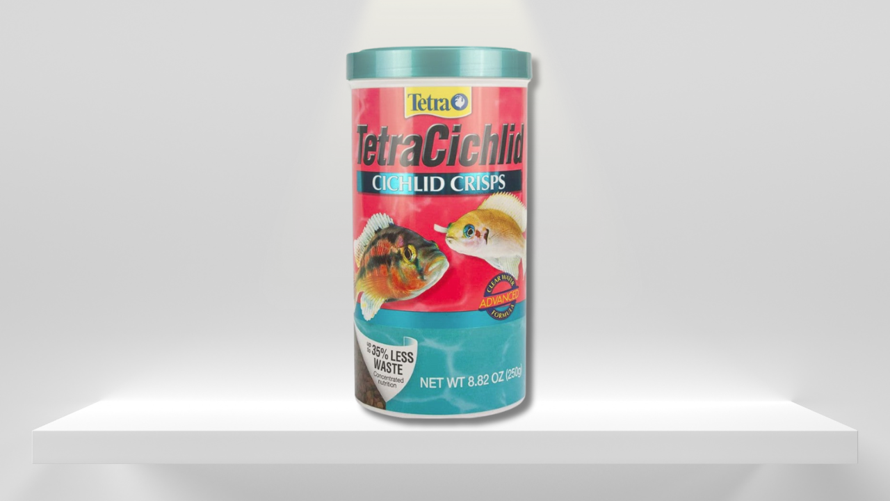 Container of TetraCichlid cichlid crisps.