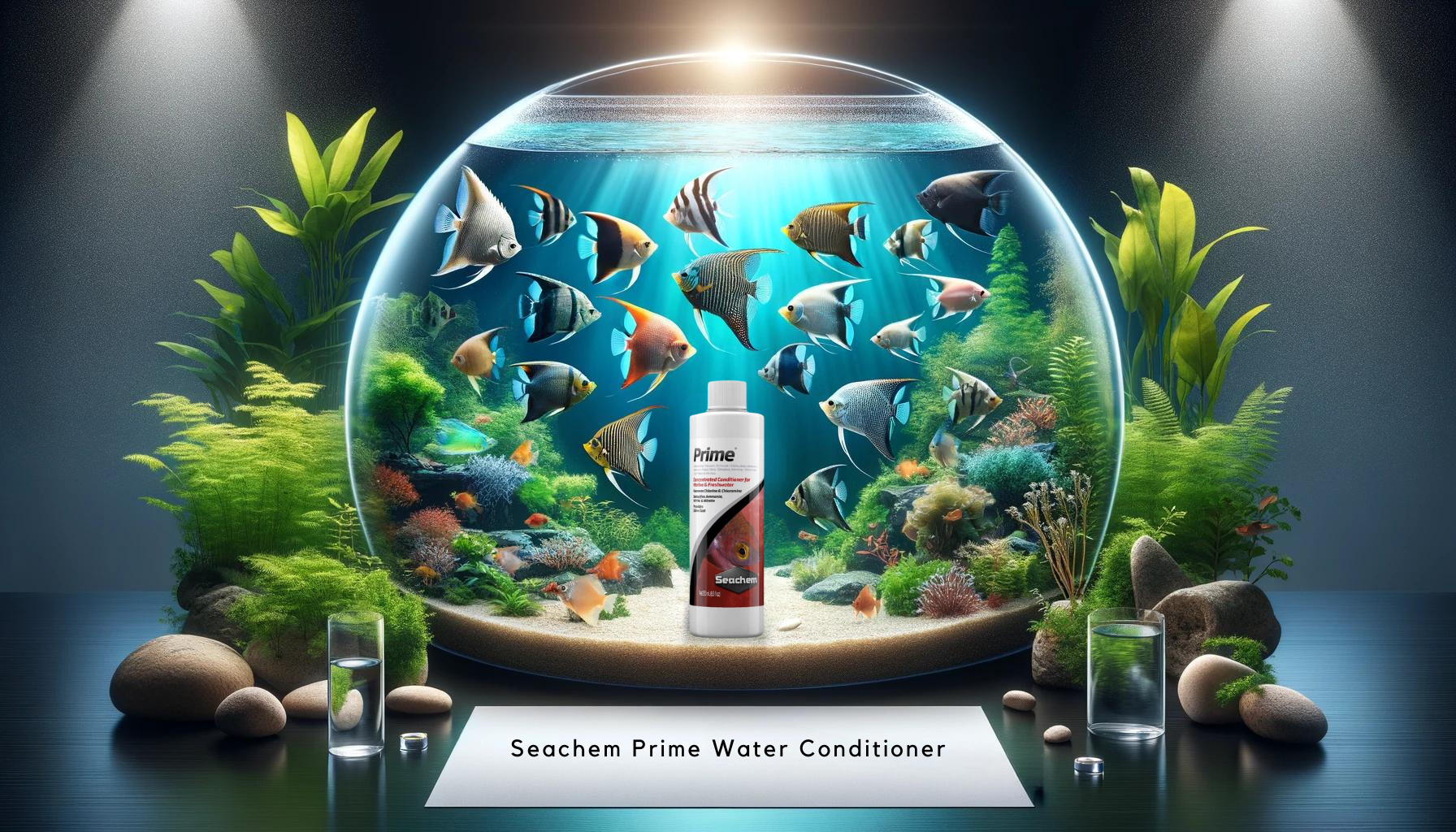 An artistically rendered spherical aquarium teeming with a variety of colorful freshwater angelfish and vibrant aquatic plants, centered around a bottle of Seachem Prime Water Conditioner, indicating its use for creating optimal water conditions for angelfish.