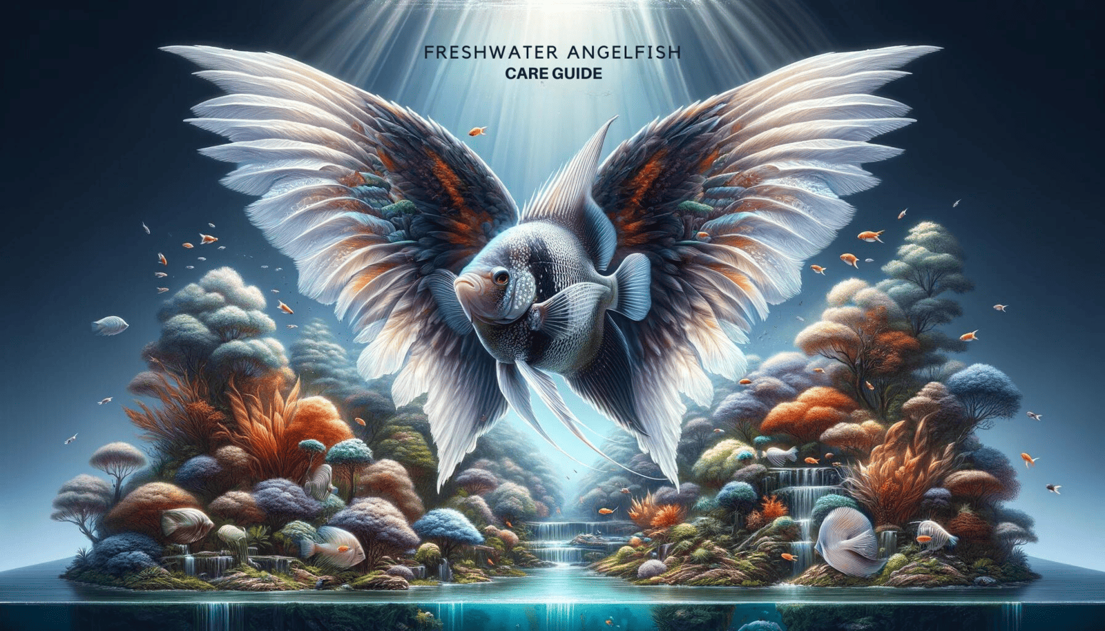 A majestic zebra freshwater angelfish is depicted with grand, ethereal wings spanning outward on both sides, set against a surreal backdrop of aquatic plants and other smaller angelfish, with rays of light illuminating the scene. Above the image, the text reads "Freshwater Angelfish Care Guide," indicating a comprehensive guide on the subject.