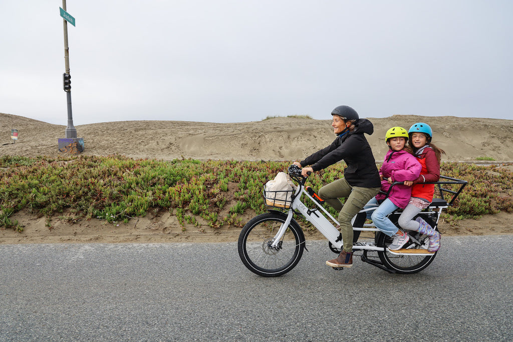 woman with two kids on packa bike