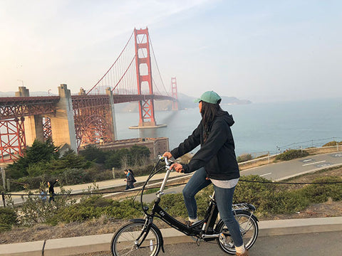 Danielle on a Vika+ at the Golden Gate Bridge