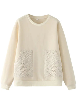 XNWMNZ Women Fashion Cotton Thick Knit Pocket Sweatshirt Woman O Neck Long Sleeve Rib Trim Top Female Chic Sweatshirt - Peris Gems