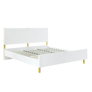 Reese Gaines Eastern King White Wood Panel Bed – Glamorous Design with Wave Pattern and Metal Accents - YetiBeds