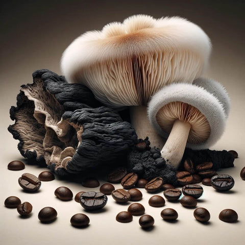lions mane and birch chaga mushrooms with coffee beans