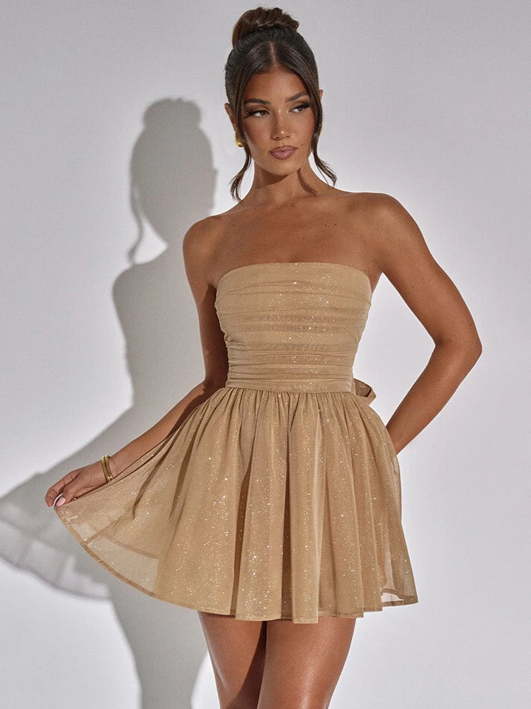 Mesh Strapless Sparkle Backless Bow Pleated Mini Dress