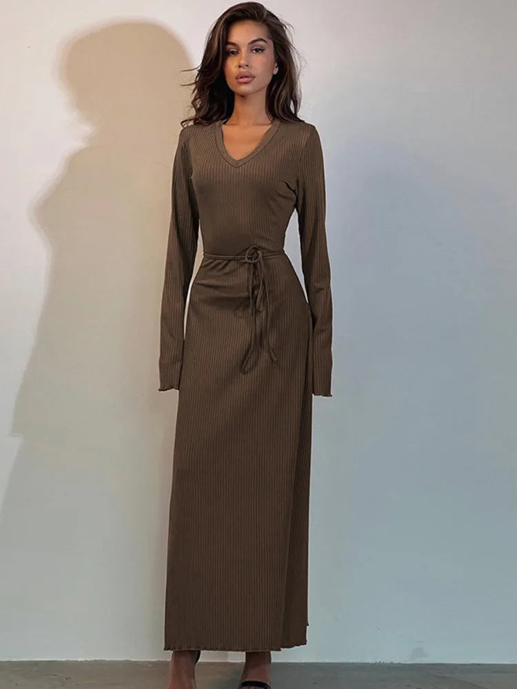 V Neck Lace-up Long Sleeve Ribbed Bodycon Maxi Dress