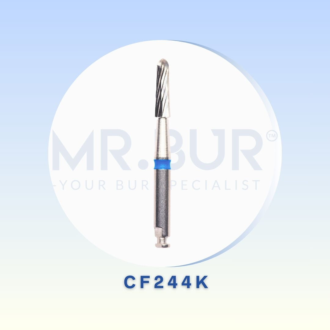 Image showing the Mr. Bur CF244K RA Finishing Carbide Dental Bur, engineered for precise control and delivering a polished finish that enhances long-term oral health and aesthetics.