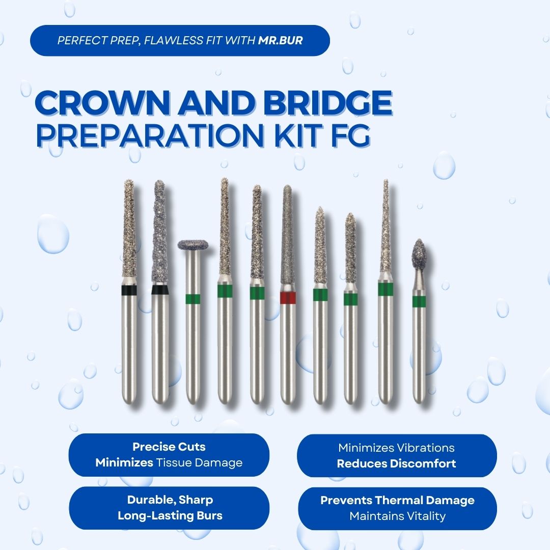 Image showcasing the Mr. Bur Crown and Bridge Preparation Kit FG, specifically designed for optimal zirconia crown preparation.