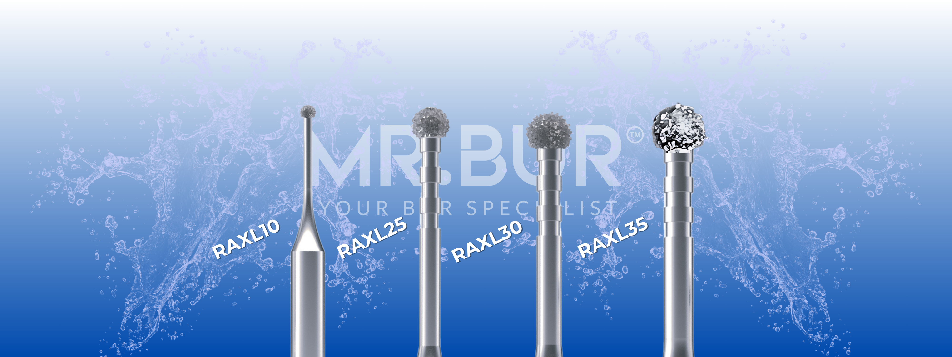 Mr. Bur Degranulation Burs, including RAXL10, RAXL25, RAXL30, and RAXL35, designed for degranulation and debridement in implantology.