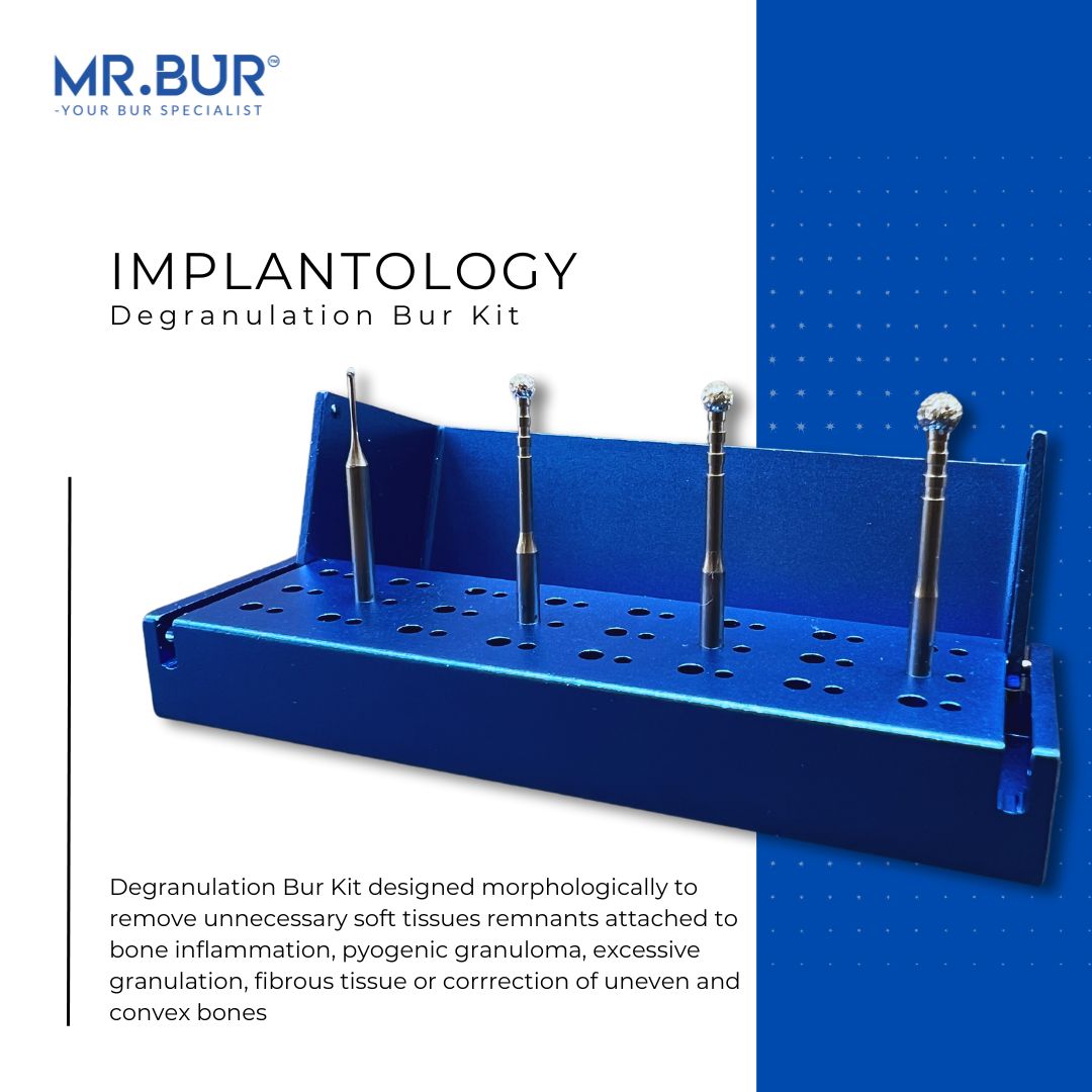 The Mr. Bur Degranulation Kit offers extra coarse diamond grit burs, ranging from 1.0mm to 3.5mm, for efficient degranulation, granuloma removal, and bone surface correction while preserving bone integrity.