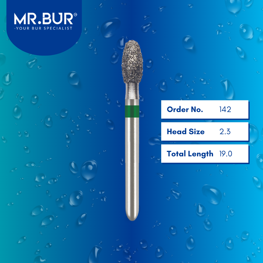 This image shows The Mr. Bur egg diamond bur, available in various sizes, features an egg-shaped design that provides a blend of broad and fine surface area contact for diverse clinical needs.