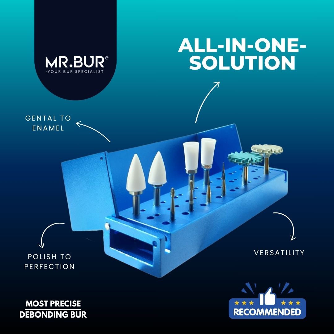Mr. Bur Debonding Kit PROMAX for Invisalign and braces ensures efficient adhesive removal, preserving enamel and providing a smooth, damage-free finish.
