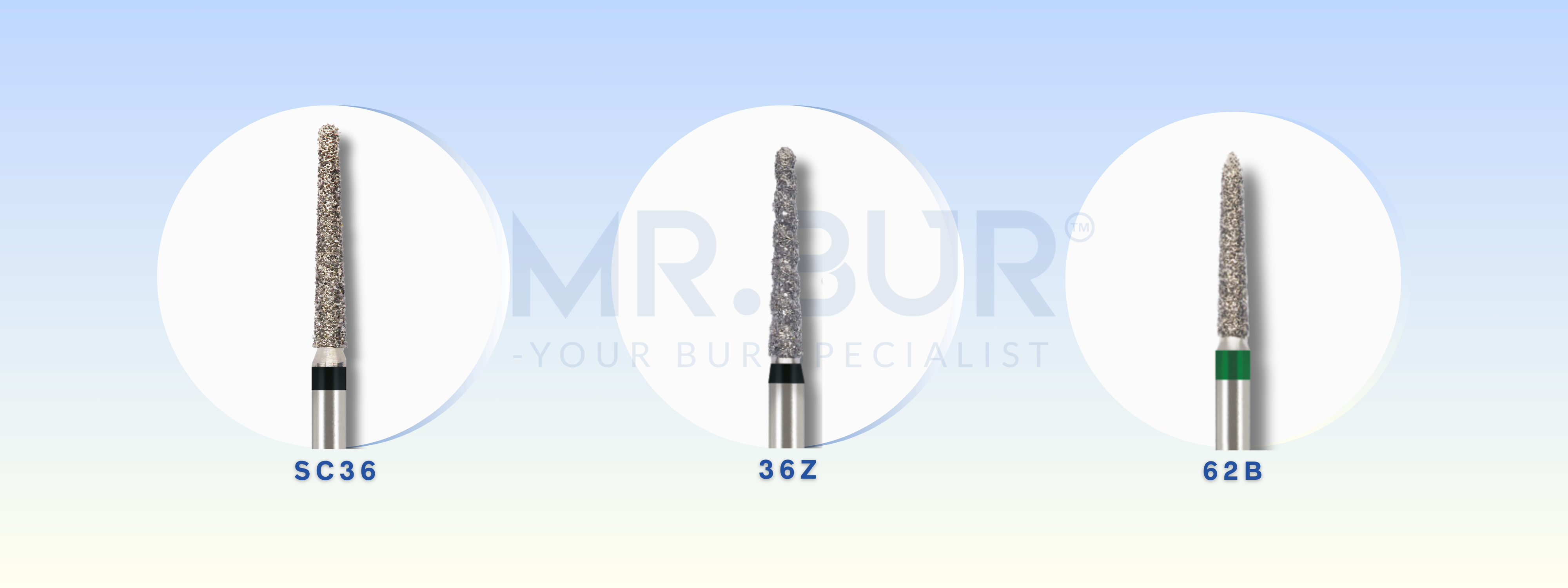 Image showcasing the SC36, 36Z, and 62B dental burs from Mr. Bur's Crown & Bridge Preparation Kit, ideal for tooth assessment and initial preparation in zirconia crown procedures.