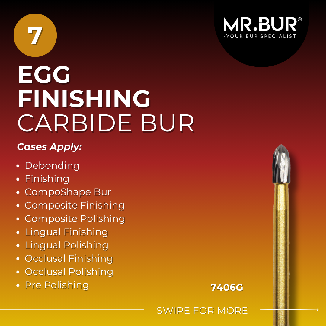  This picture shows Mr bur egg finishing carbide bur 7406G which is best for composite finishing and polishing, debonding, lingual finishing and polishing, occlusal finishing and polishing, and pre-polishing