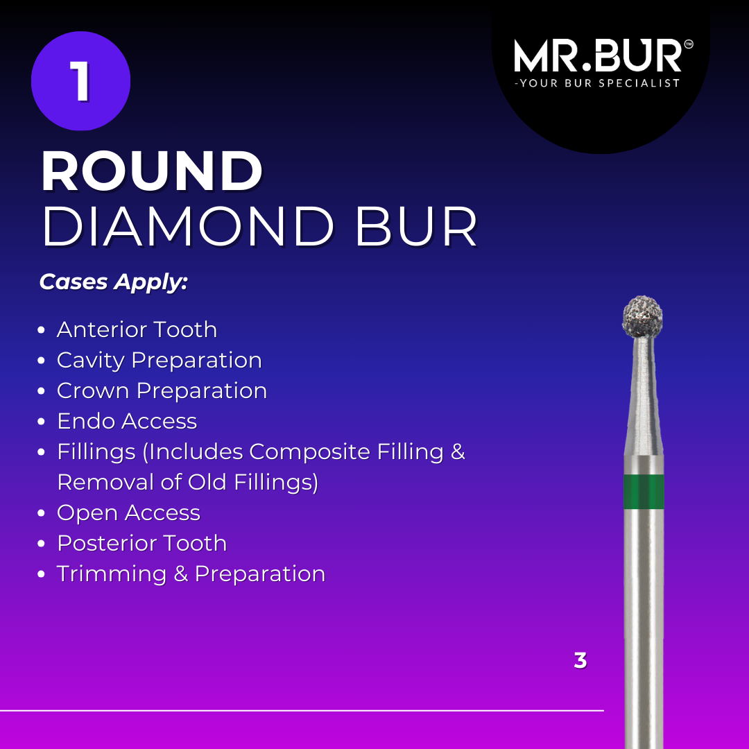 Mr. bur round diamond bur precision tool for cavity preparation and fine detailing in dentistry comparable to Komet round diamond bur