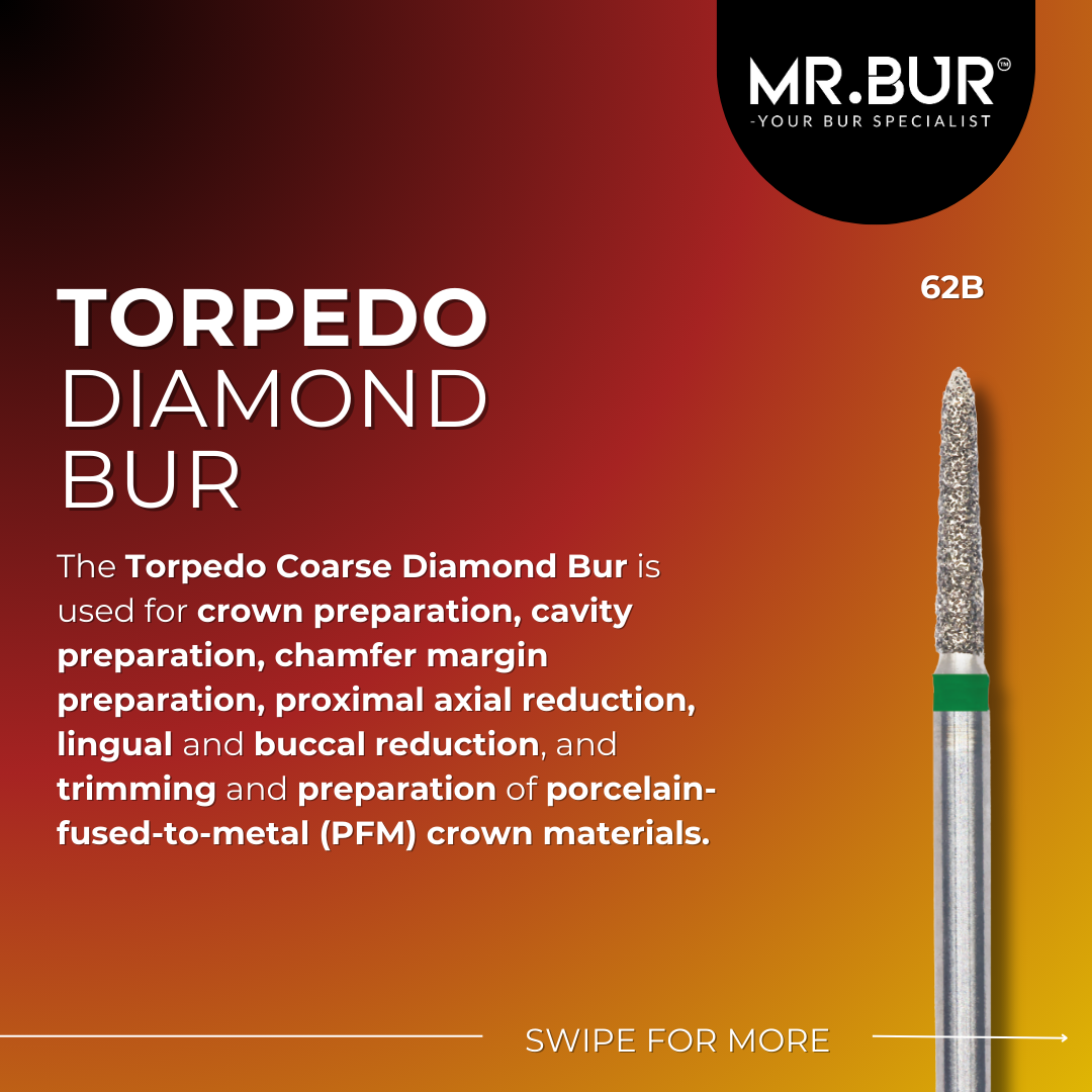 This picture shows Mr Bur Torpedo Coarse Diamond Bur Green 62B use for crown preparation, cavity preparation, chamfer margin preparation, proximal axial reduction, lingual and buccal reduction, and trimming and preparation of porcelain-fused-to-metal (PFM) crown materials.