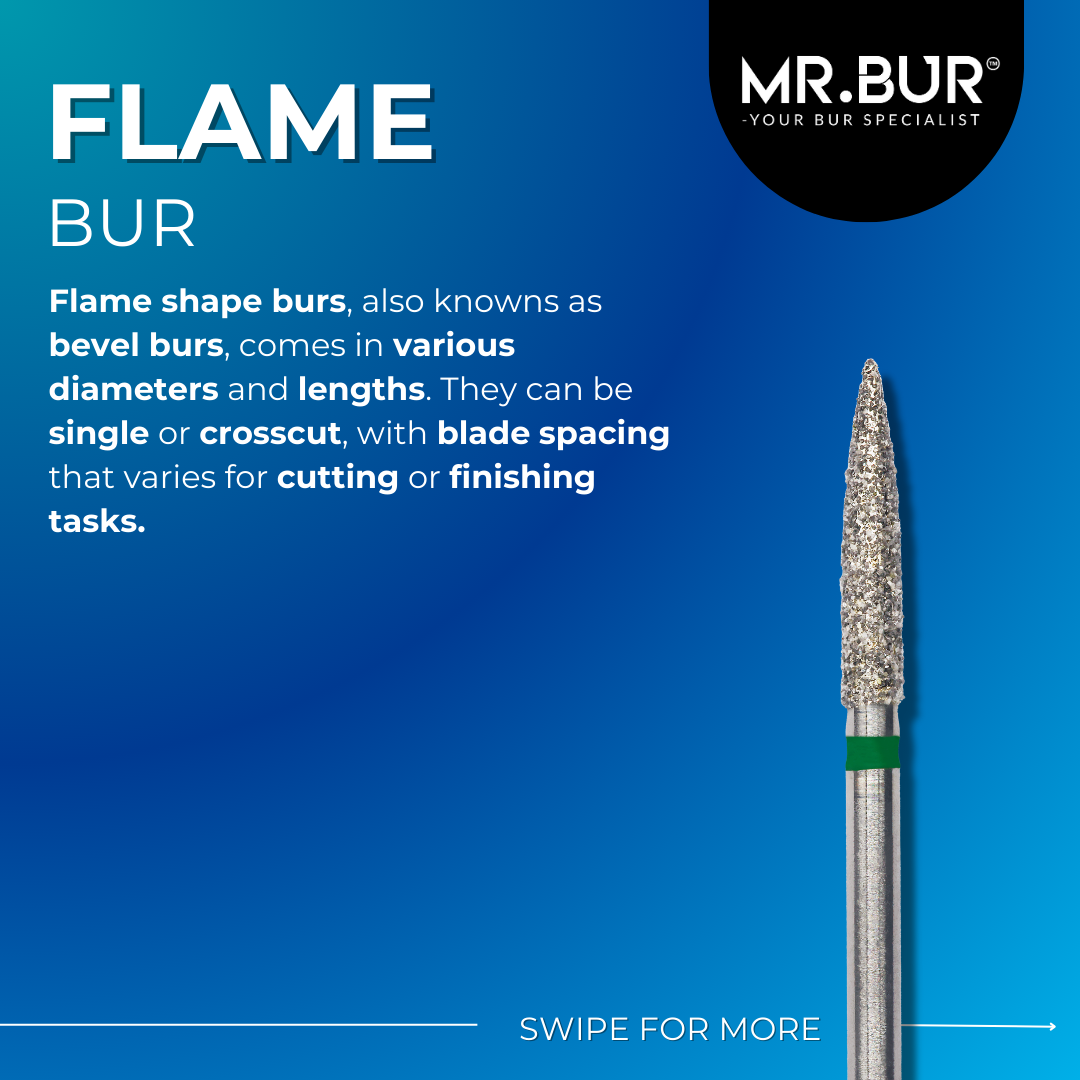 This picture shows a flame shape bur and its function on dental procedure, Mr Bur is the dental bur supplier that provide this high quality flame shape diamond bur. 