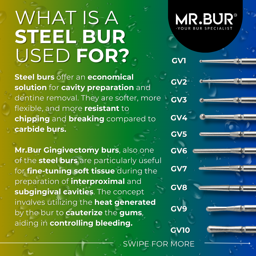  This picture explain what is a steel bur used for, steel burs offer an economical solution for cavity preparation and dentine removal. Mr. Bur Gingivectomy burs are known as the best steel burs for fine-tuning soft tissue during the preparation of interproximal and subgingival cavities.