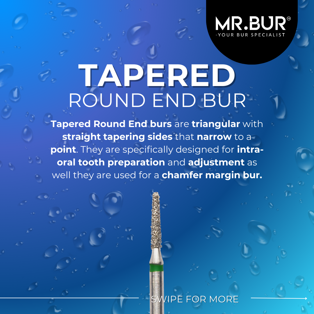 This picture shows a tapered round end bur and its function on dental procedure, Mr Bur is the dental bur supplier that provide this high quality tapered round end diamond bur. 