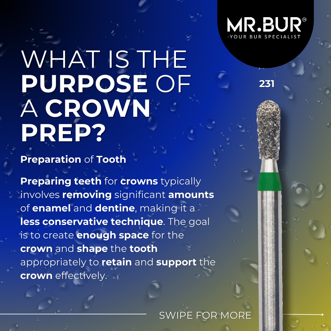 This picture shows what is the purpose of a crown prep, Mr Bur crown & bridge preparation bur is good for removing significant amounts of enamel and dentine. 