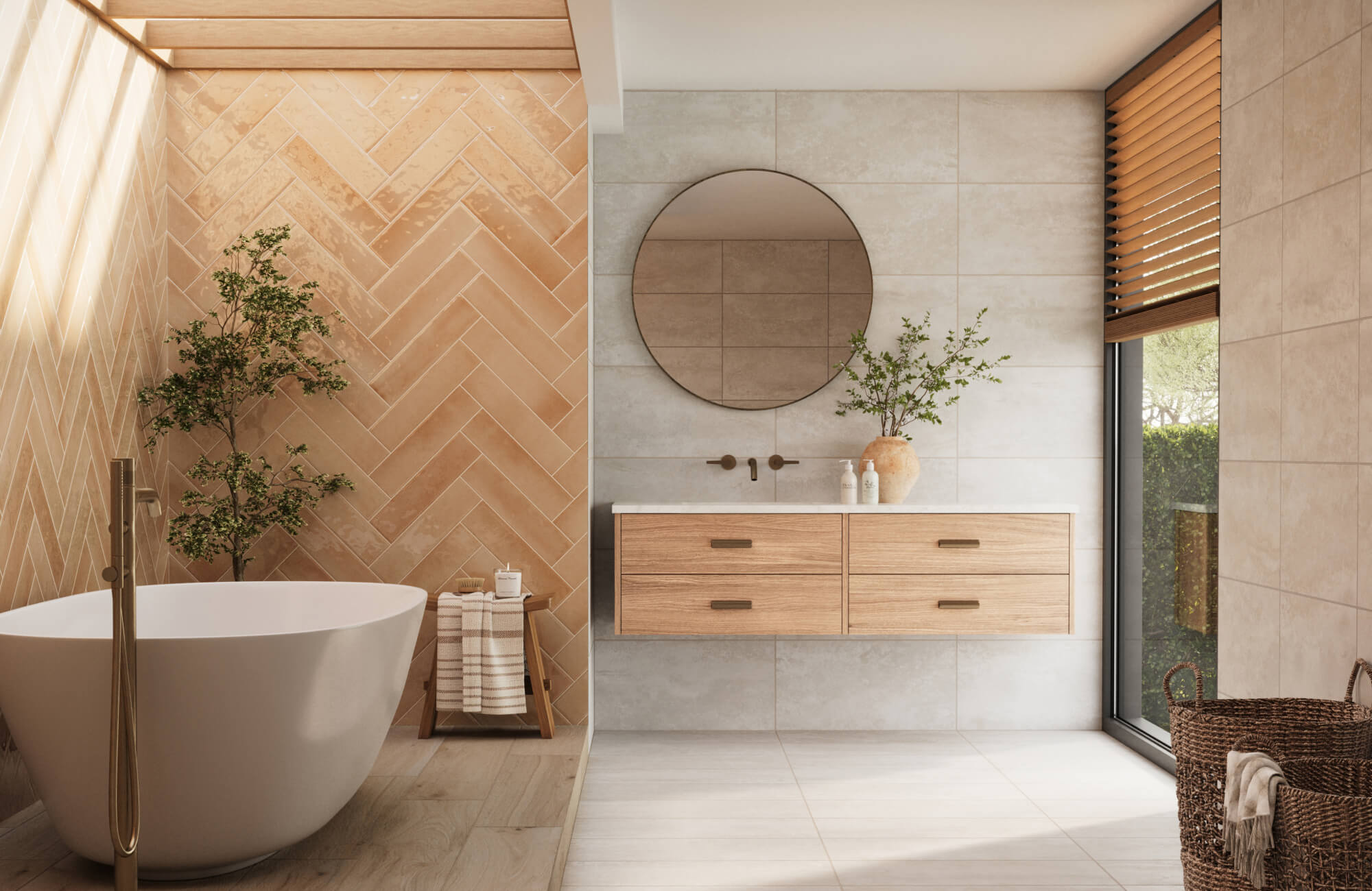 Modern bathroom featuring a luxurious freestanding bathtub, with a herringbone tile accent wall in warm beige tones, complemented by sleek wood and stone elements for a serene, spa-like ambiance.