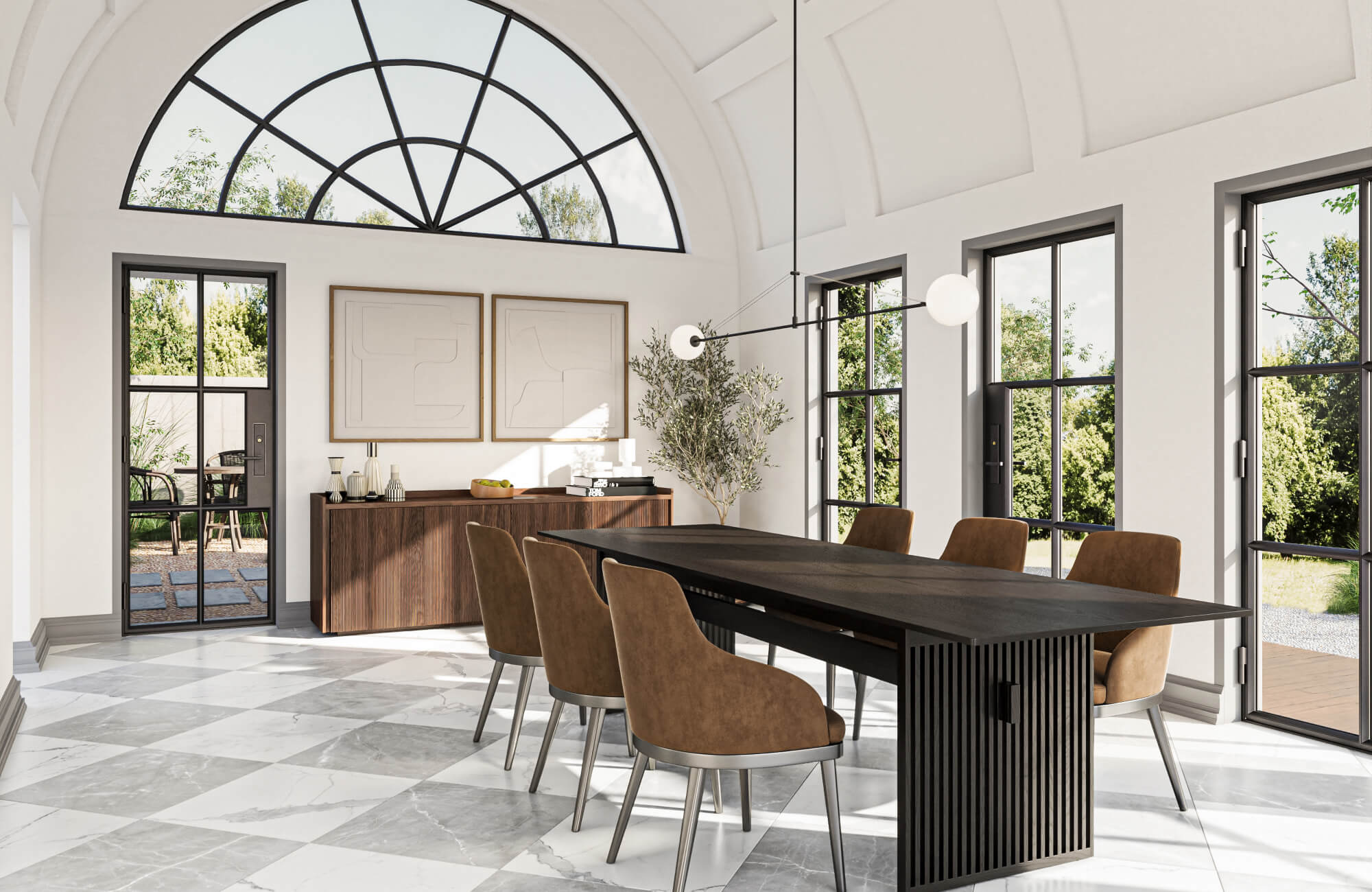 Modern dining room with large arched windows, a sleek black table, and warm brown chairs, featuring a stylish gray-and-white checkered marble tile floor.