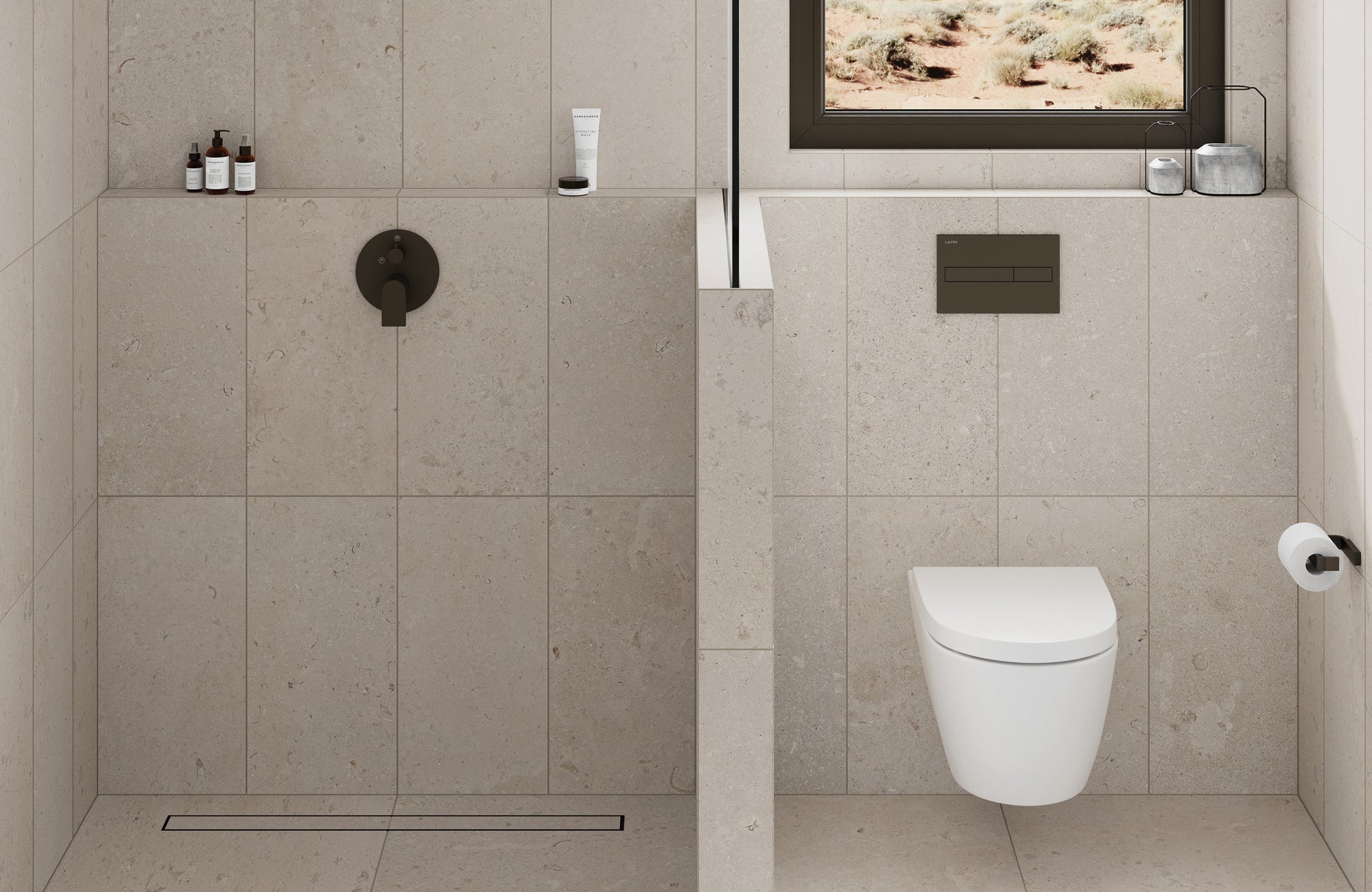 Minimalist bathroom with beige large bathroom tiles covering walls and floors, featuring a floating toilet and walk-in shower