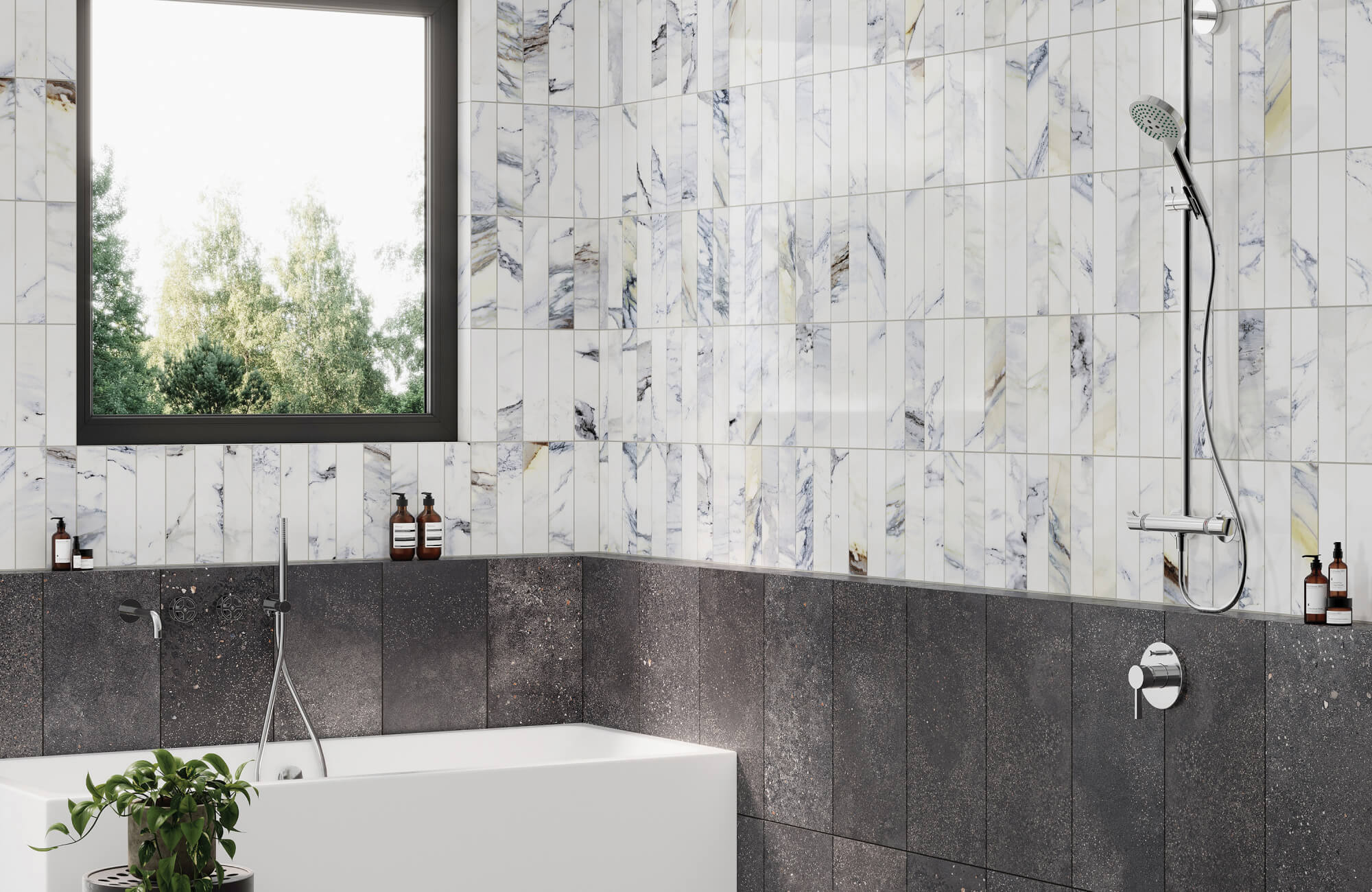 Modern bathroom with a deep soaking tub, porcelain marble look wall tiles, dark lower wall tiles, and a large window overlooking greenery.