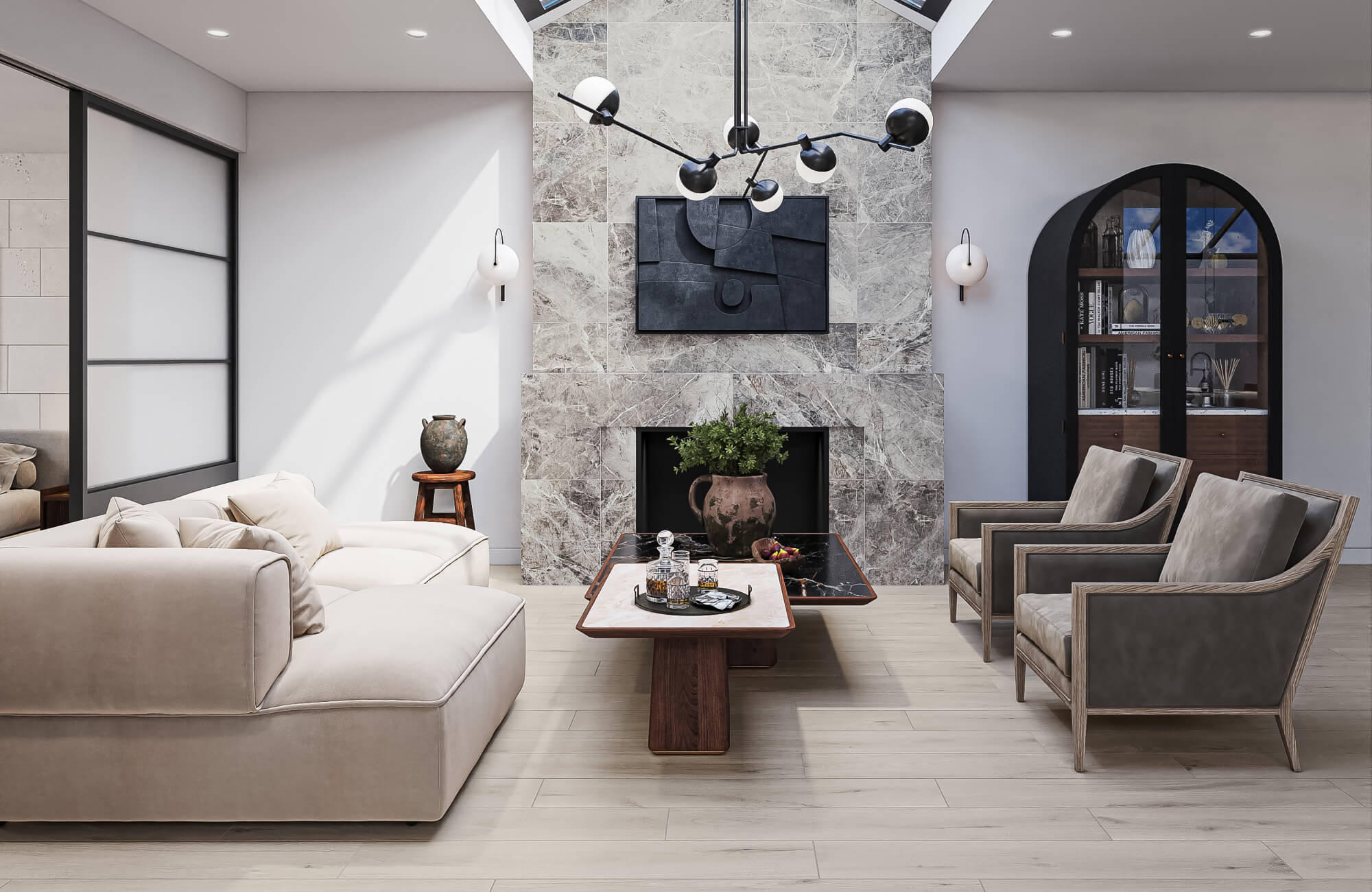 Modern living room with a statement stone fireplace, plush seating, and light wood-look flooring exudes warmth and sophistication.