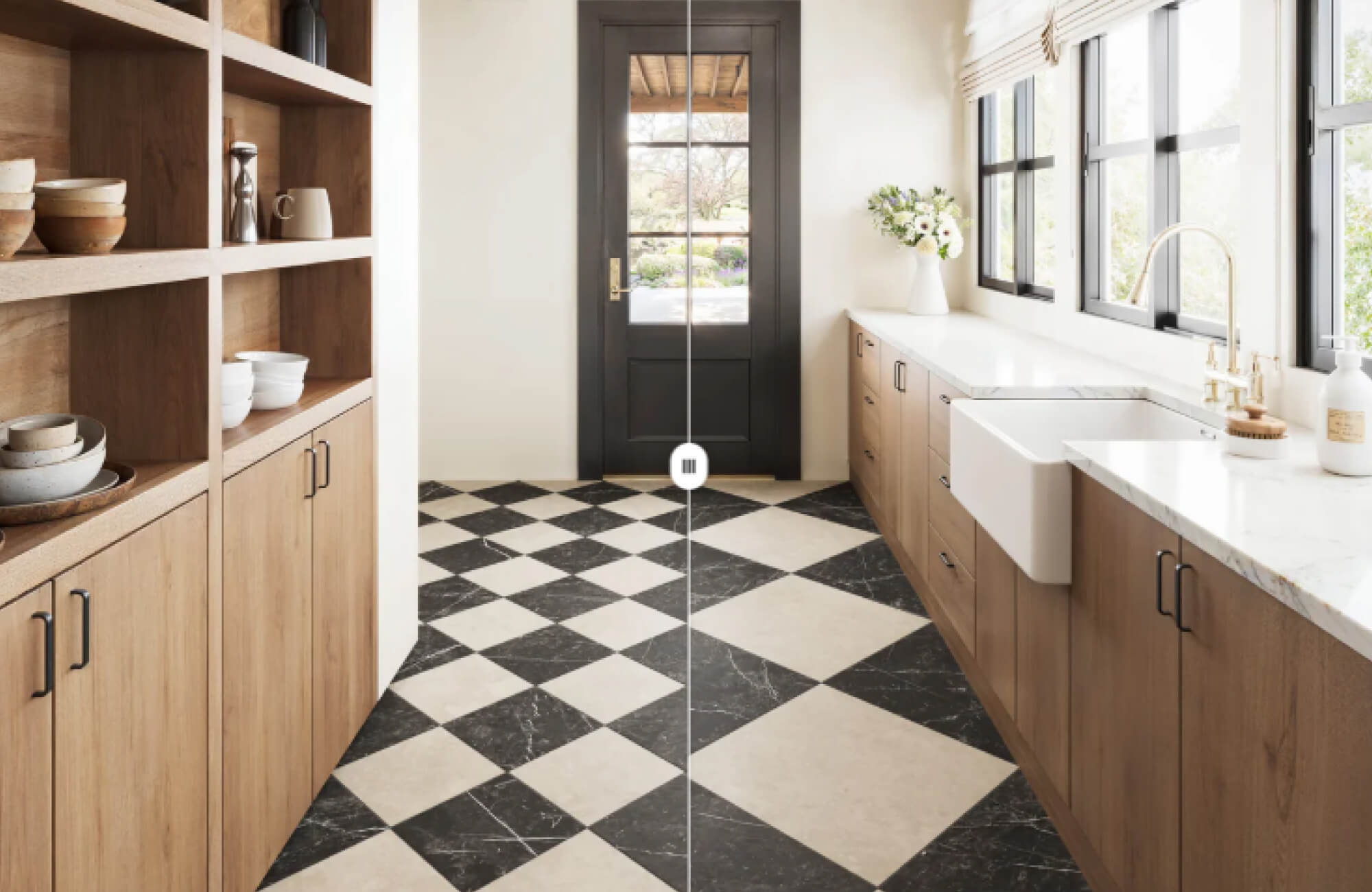 Transitional kitchen with a black and cream checkerboard floor, wood cabinetry, and farmhouse sink.
