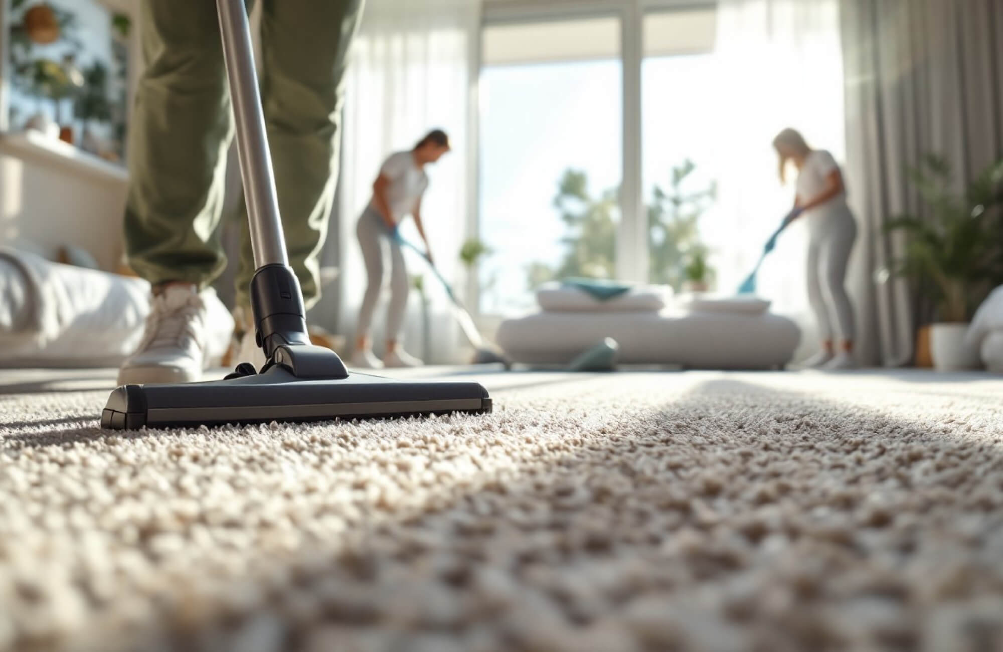 Close-up of a vacuum cleaning a beige rug in a bright living room, with two people tidying in the background, ideal for prepping rugs before storage.