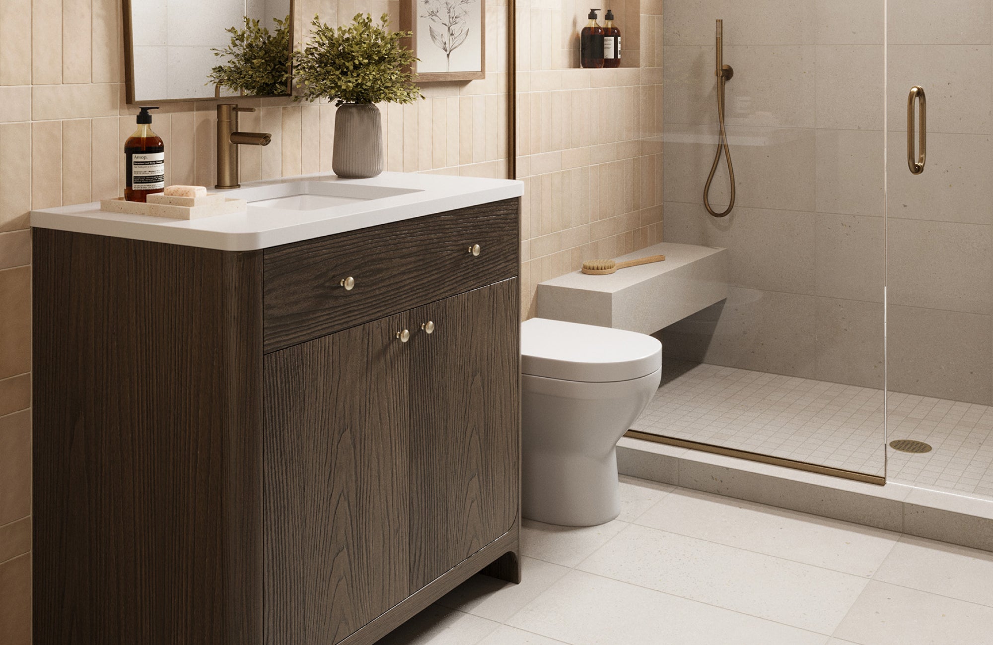 Mid-century walnut single vanity with white quartz top, round brass faucet, and styled with neutral tile and framed art.