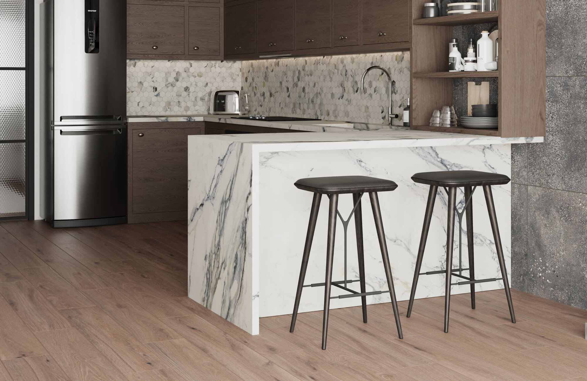 Modern kitchen with wood look porcelain flooring, a marble island, and hexagonal mosaic backsplash, accented by black stools and stainless steel appliances