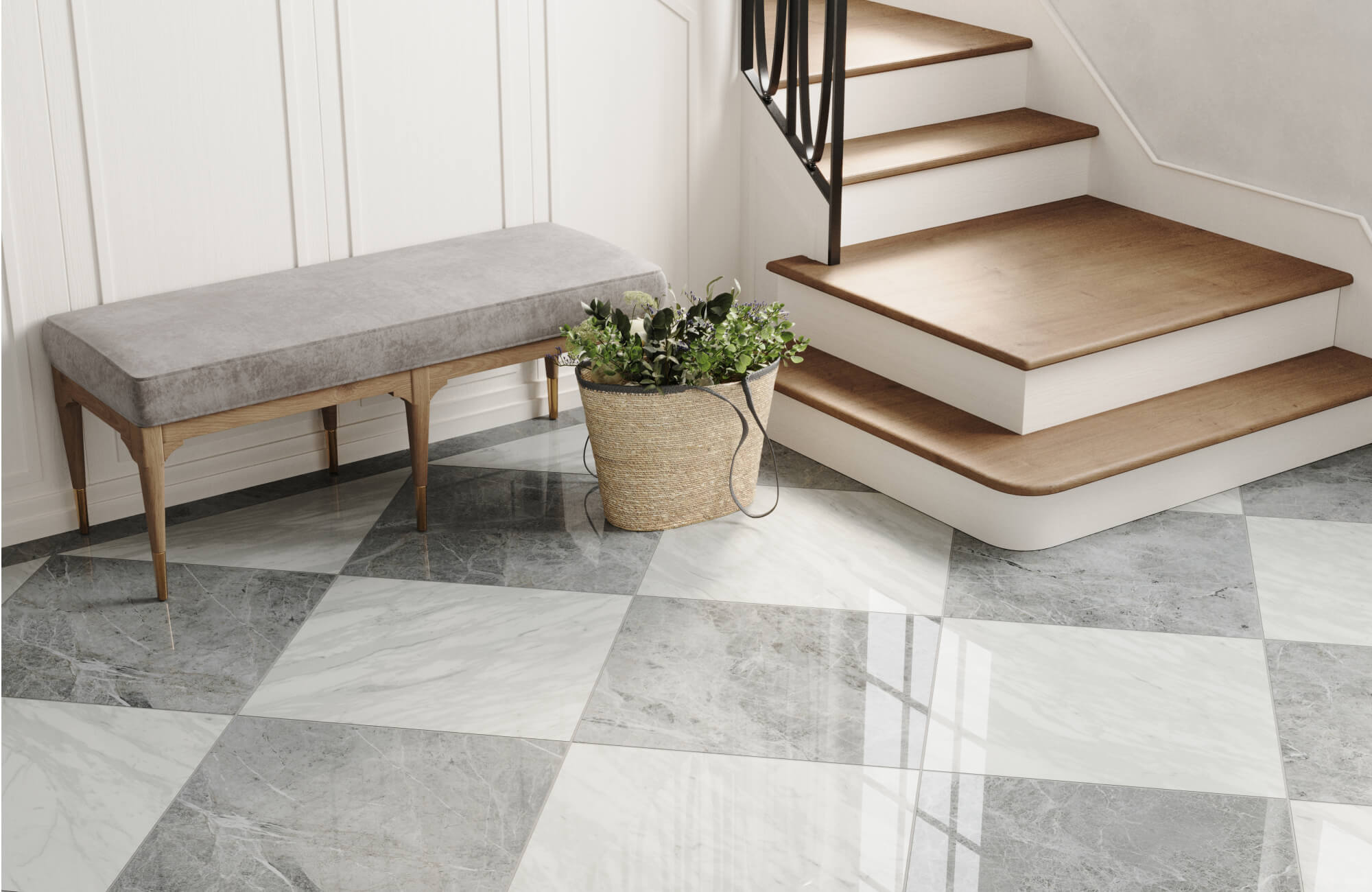 Elegant entryway featuring large gray and white checkered marble look tiles, a wooden staircase, a cushioned bench, and a decorative basket with greenery