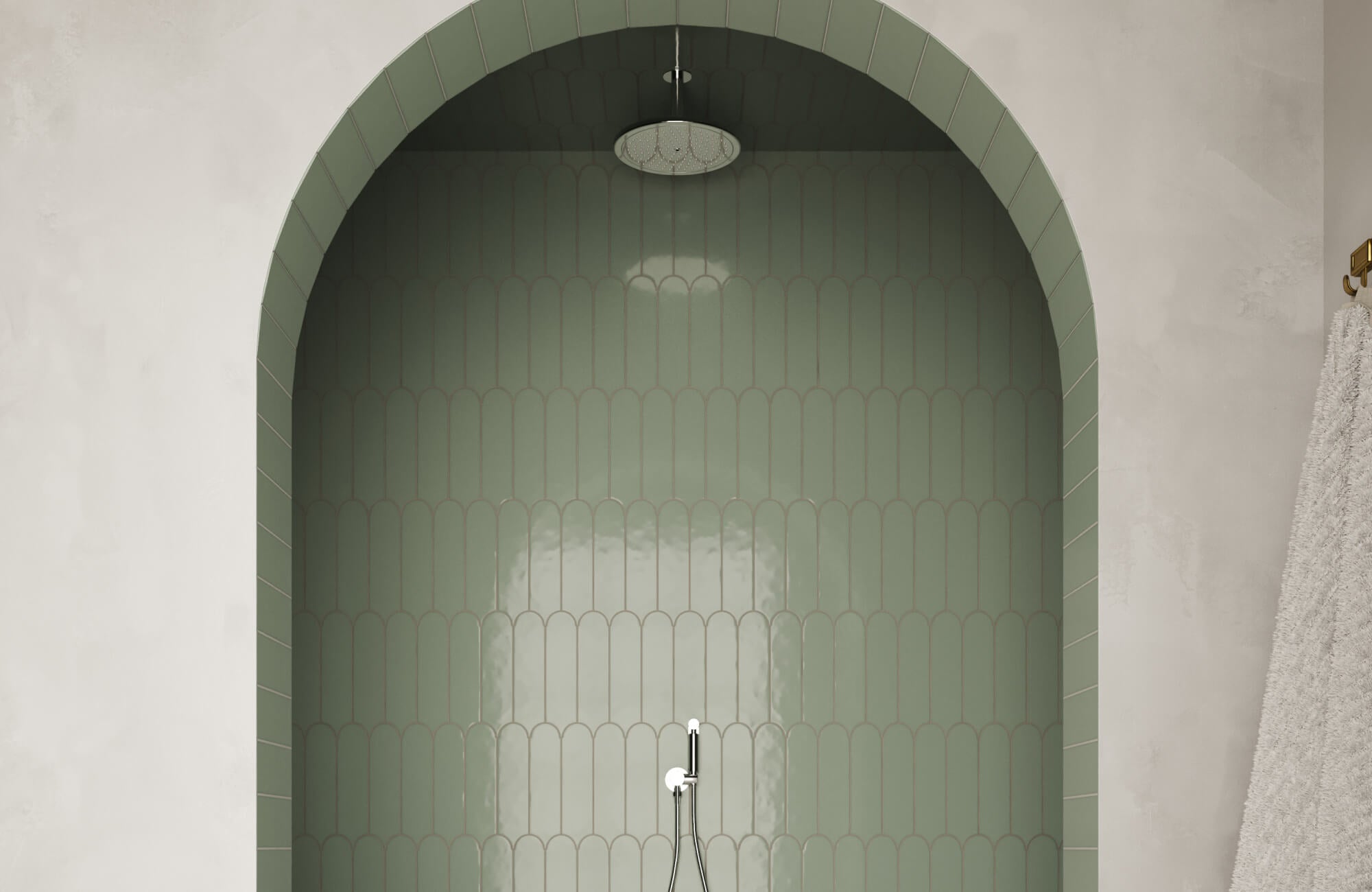 Elegant shower niche with sage green scalloped tiles, creating a soothing and modern bathroom retreat.